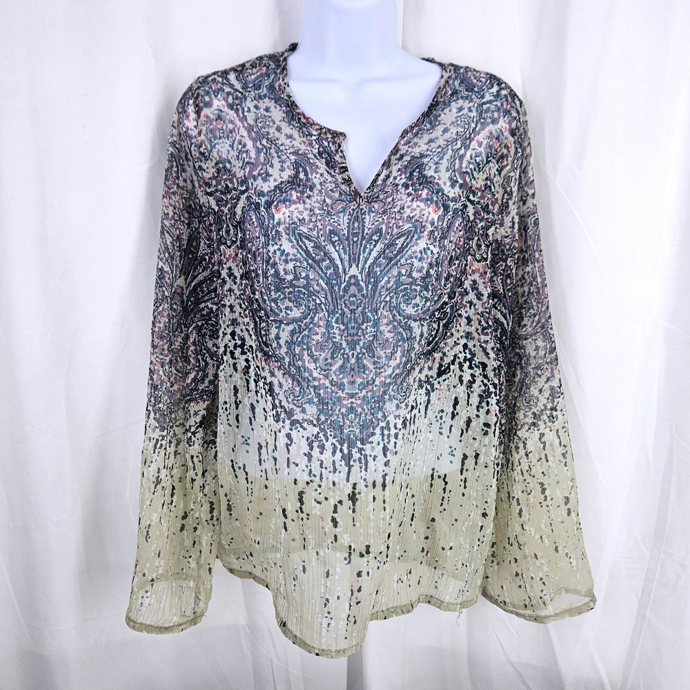 Vtg A.N.A Paisley Sheer Plissé Blouse Purple Beige Crinkle Flowy Tunic Top L y2k